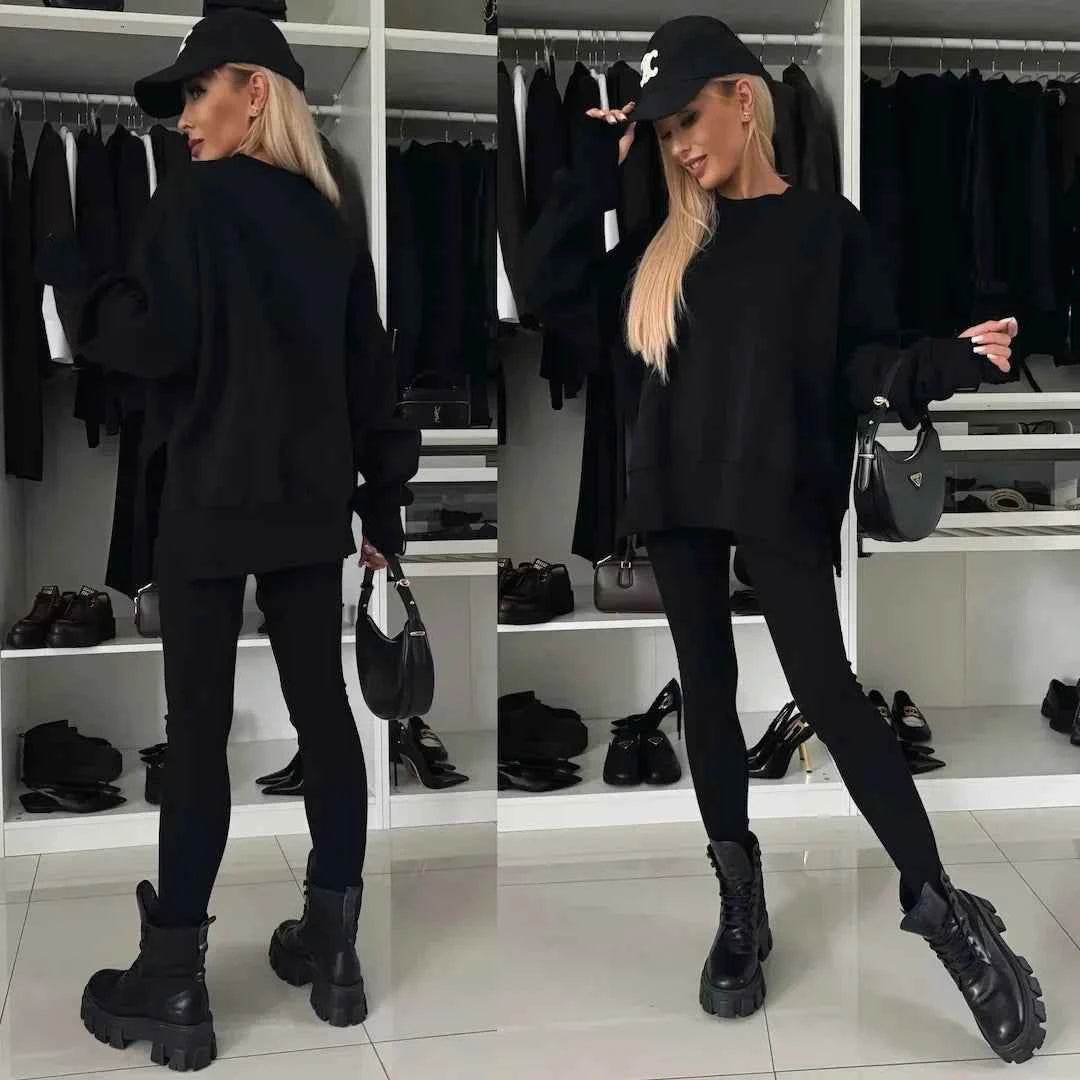 2025 Casual Tight Trousers Set with Loose Sweatshirt - European and American Style - BON's