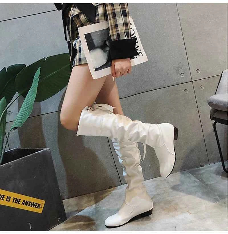 2023 Women’s Knee-High Leather Boots – Red, Black & White Pleated Tall Boots with Low Heel for Casual Streetwear