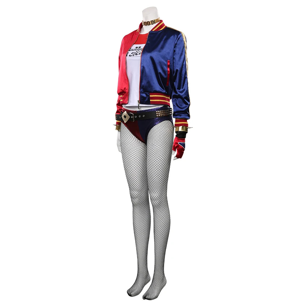 Quinzel Cosplay Costume Fantasia Super Villain Adult Women Coat Belt Neckband Roleplay Outfits Halloween Carnival Party Suit