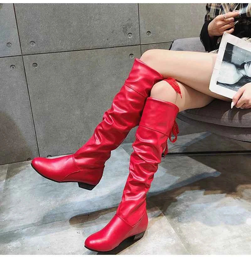 2023 Women’s Knee-High Leather Boots – Red, Black & White Pleated Tall Boots with Low Heel for Casual Streetwear