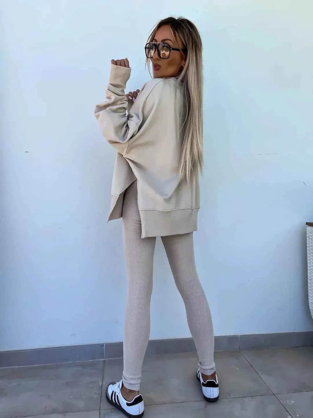 2025 Casual Tight Trousers Set with Loose Sweatshirt - European and American Style - BON's