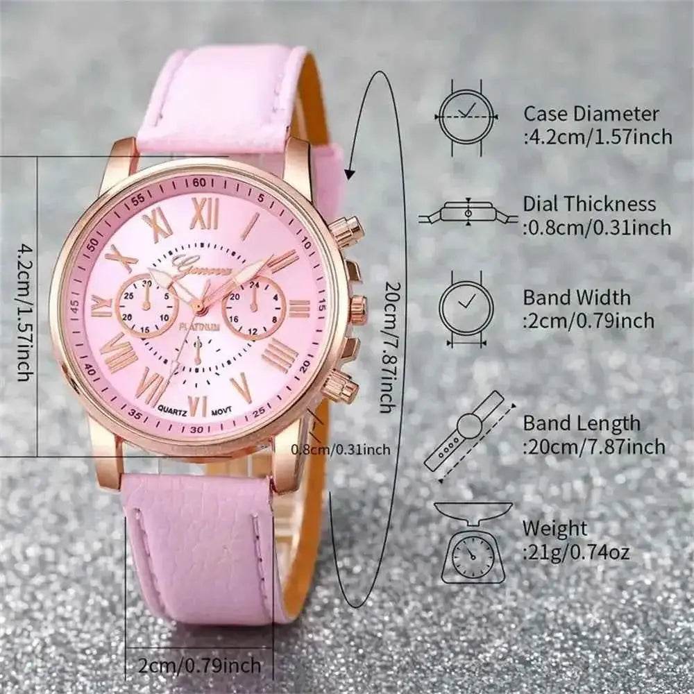 6PCS Women's Quartz Watch Set with Leather Band and Heart Rhinestone Jewelry Accents - BON's