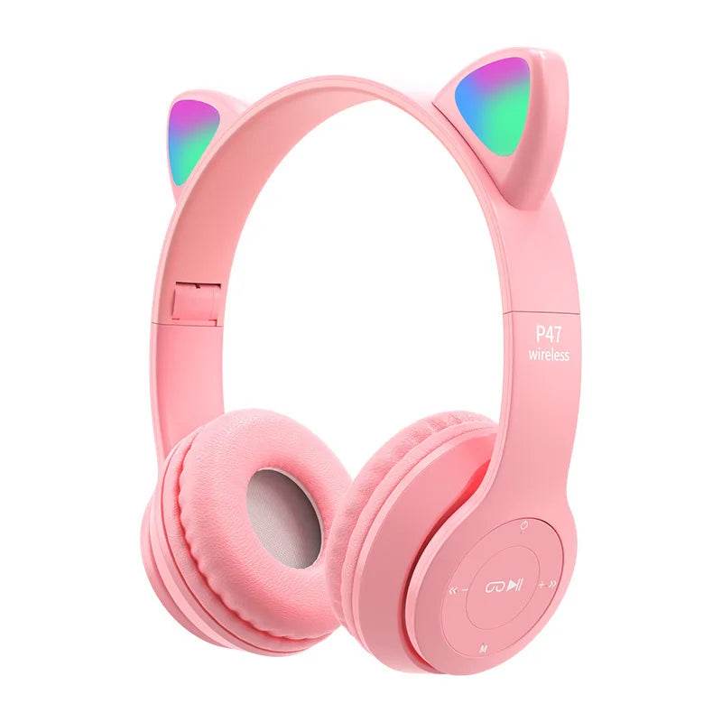 P47M Wireless Cat Ear Headphones with Mic and LED Light - Cute Stereo Bluetooth Headset Gift - BON's