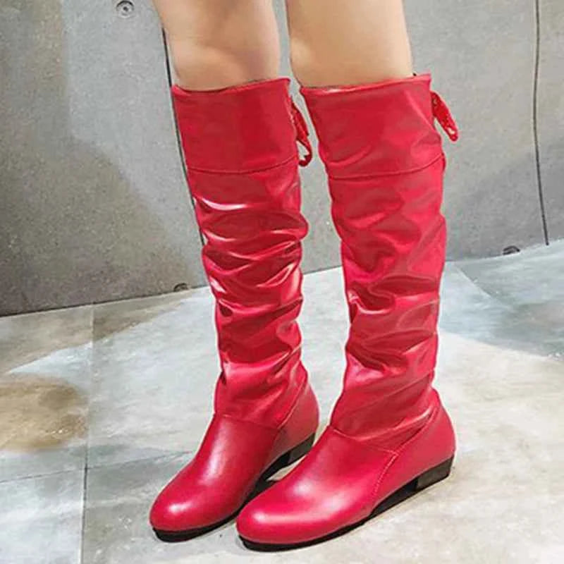 2023 Women’s Knee-High Leather Boots – Red, Black & White Pleated Tall Boots with Low Heel for Casual Streetwear