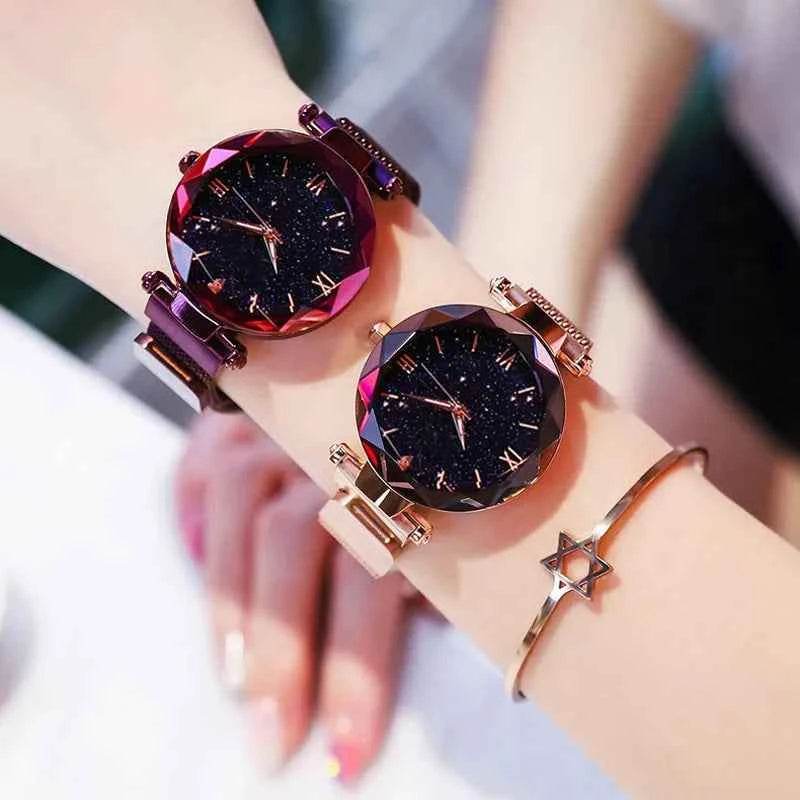 Women's Starry Sky Watch with Magnet Buckle Mesh Belt and Diamond Accents - BON's