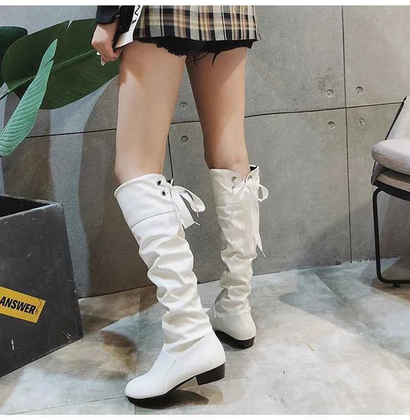 2023 Women’s Knee-High Leather Boots – Red, Black & White Pleated Tall Boots with Low Heel for Casual Streetwear