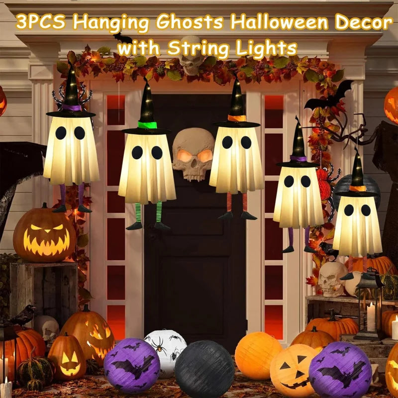 Glowing Hanging Ghost & Witch Hat Lights – Outdoor Halloween Decorations for Trees, Garden & Yard
