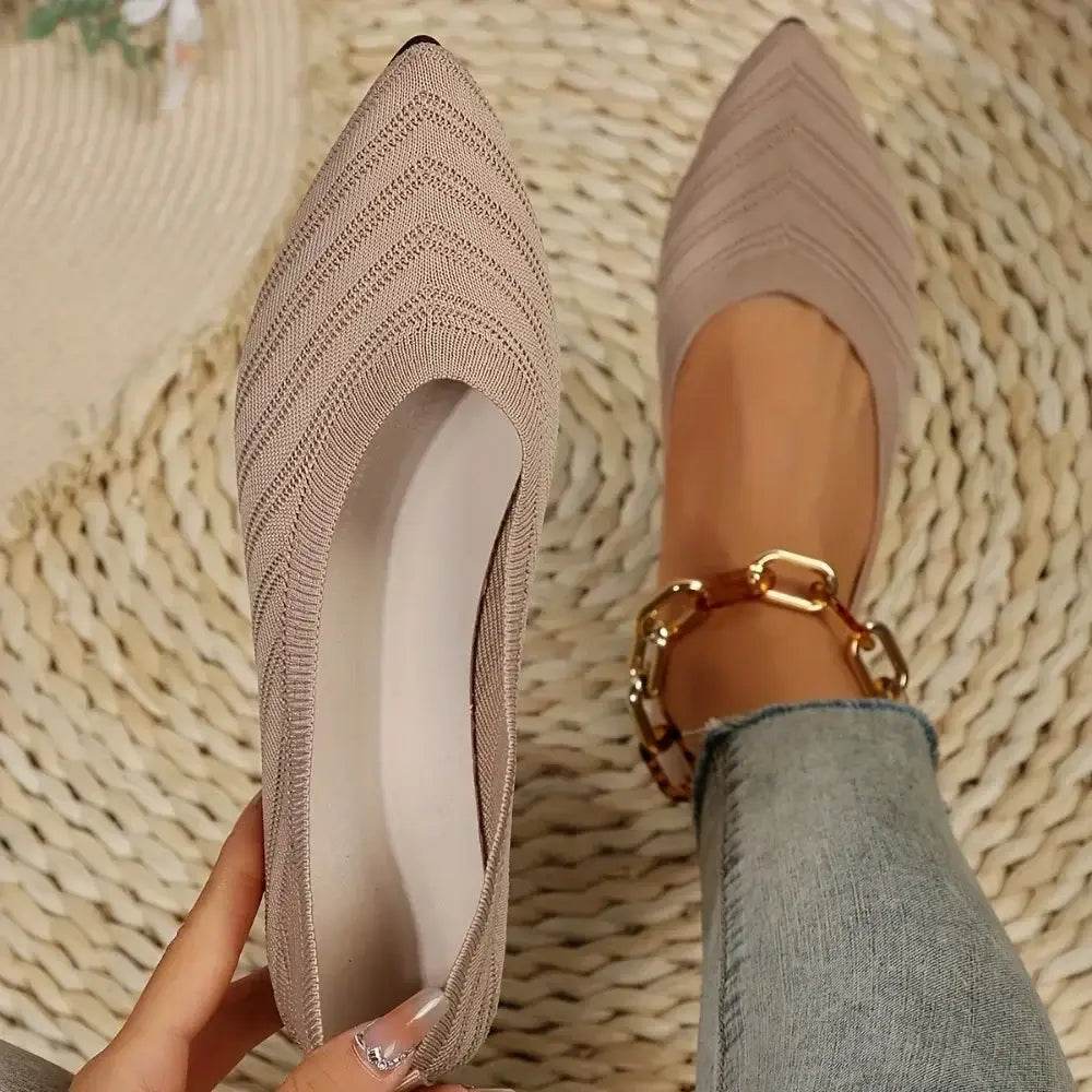 Women Pointed Toe Flat Shoes 2025 New Solid Color Knitted Slip on Shoes Casual Breathable Ballet Flats Women Flat Loafers Shoes - BON's