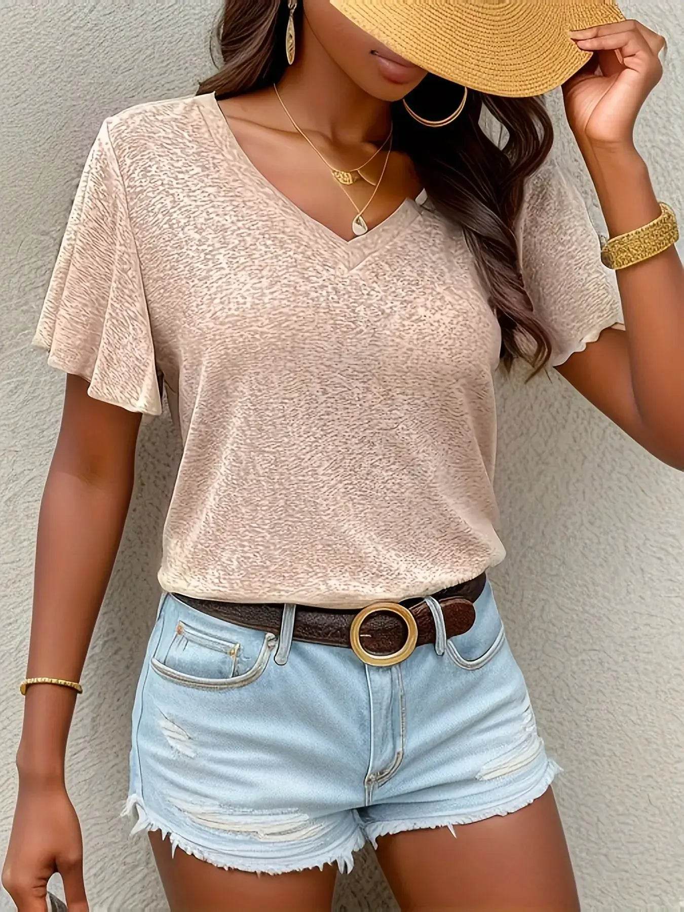 V-neck Flared Sleeve T-shirt for Women – Spring and Summer Solid Color Casual Wear - BON's