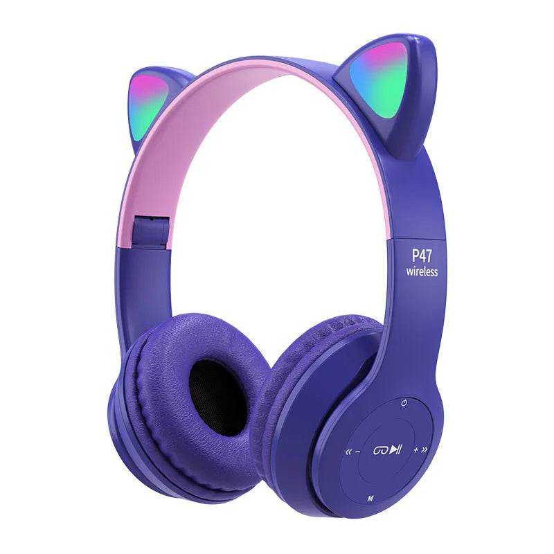 P47M Wireless Cat Ear Headphones with Mic and LED Light - Cute Stereo Bluetooth Headset Gift - BON's
