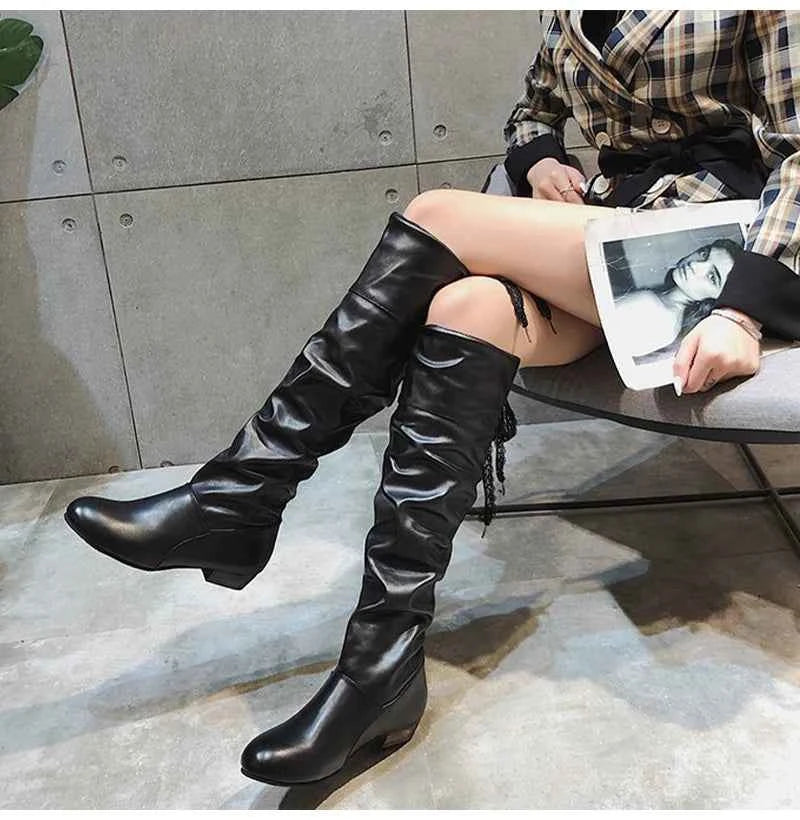 2023 Women’s Knee-High Leather Boots – Red, Black & White Pleated Tall Boots with Low Heel for Casual Streetwear