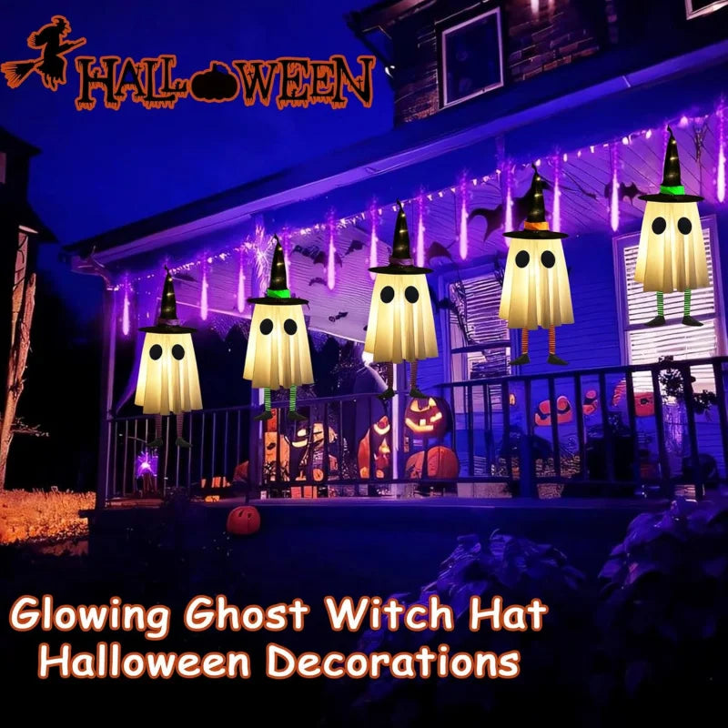 Glowing Hanging Ghost & Witch Hat Lights – Outdoor Halloween Decorations for Trees, Garden & Yard