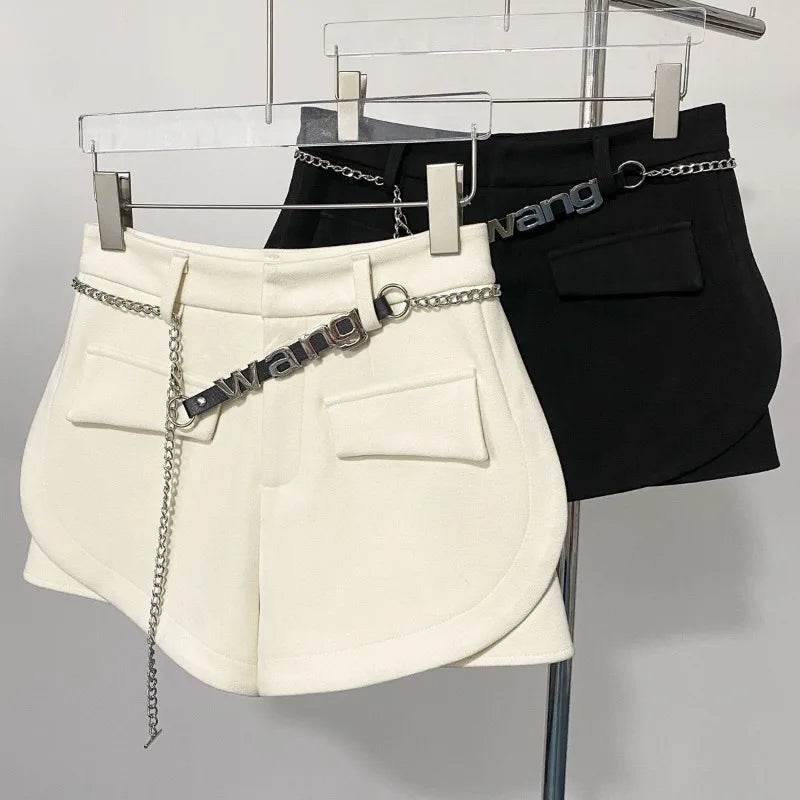 Pantalones Cortos De Mujer Patchwork Shorts for Women New Bottoms Letter Chain High Waist Slim Fit Korean Woolen Pants - BON's