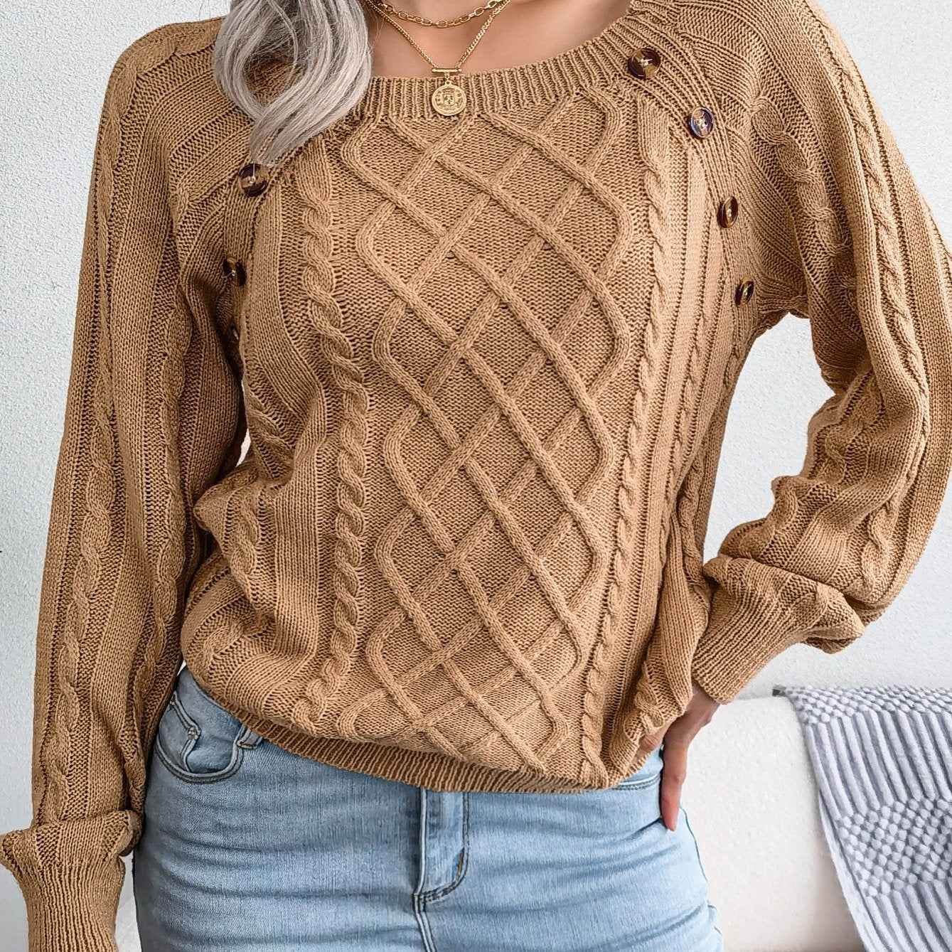 Texture Button Women Round Neck Lantern Sleeve Sweater - Stylish Design - BON's