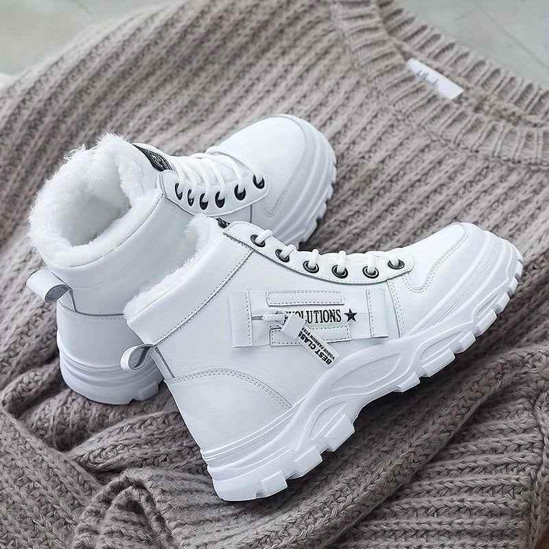 Women’s High-Top Winter Boots - Stylish White Lace-Up with Faux Fur Lining, Waterproof PVC Sole, Casual All-Season Footwear, Casual Winter Boots|Faux Fur Lined Boots|Laceup Boots - BON's