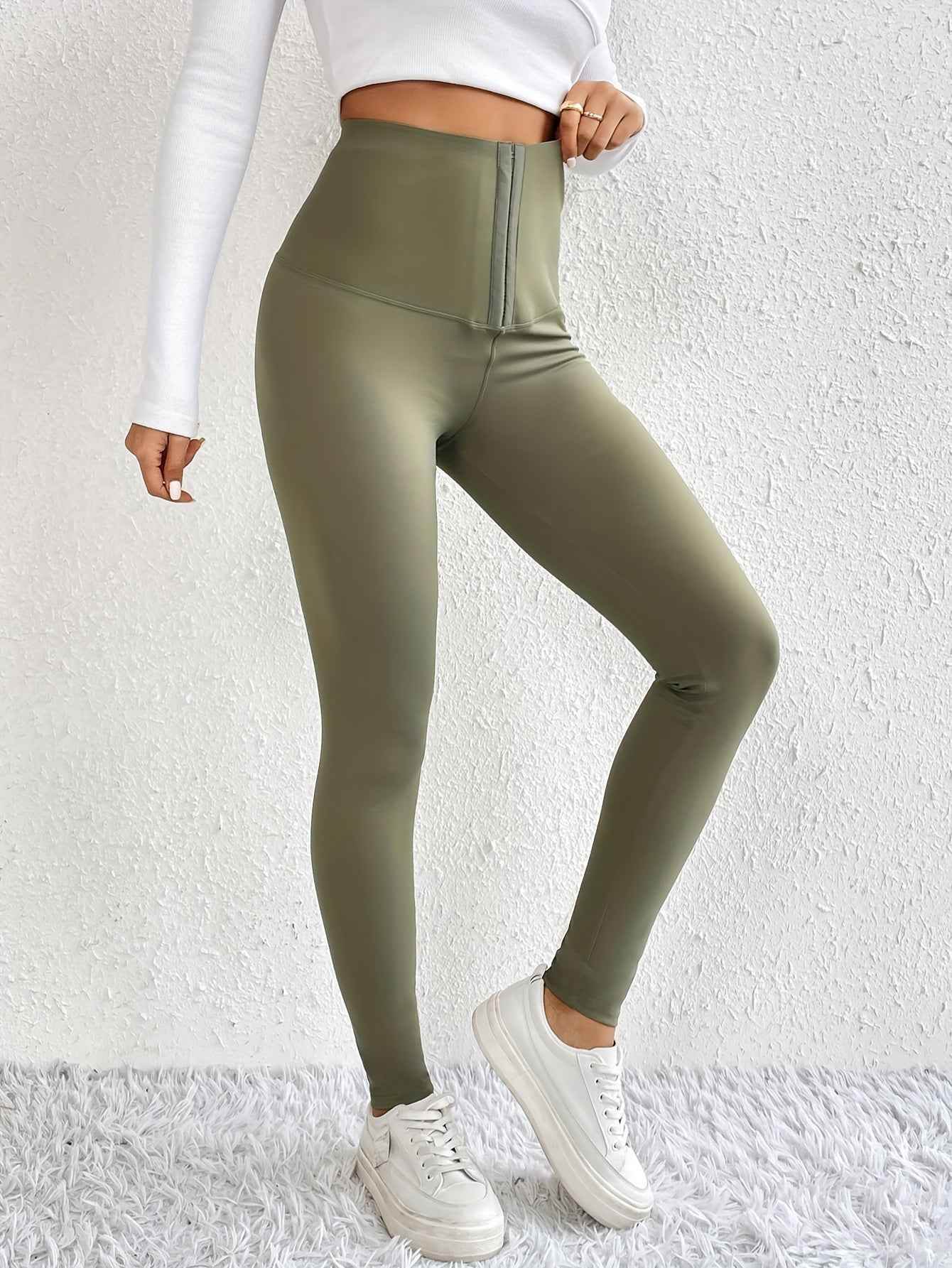 Women’s High-Waist Tummy Control Leggings - Olive Green, Thickened, Stretchy, Button Closure for Butt Lifting & Belly Smoothing, Long Length Skinny Jeans - BON's