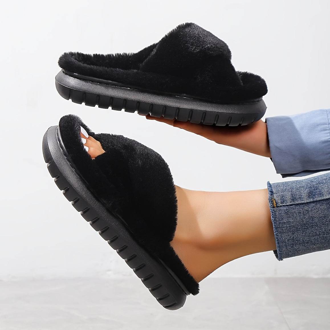 Women's Fuzzy Slippers - Platform Open Toe Criss Cross Casual Home Slides for Ultimate Comfort - BON's