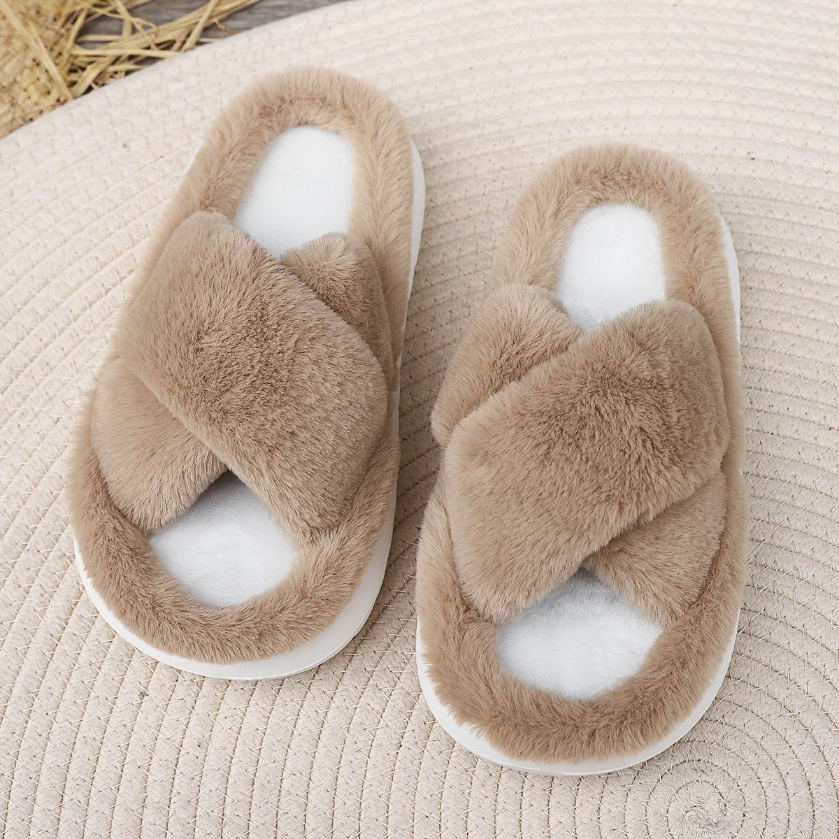 Women's Fuzzy Slippers - Platform Open Toe Criss Cross Casual Home Slides for Ultimate Comfort - BON's
