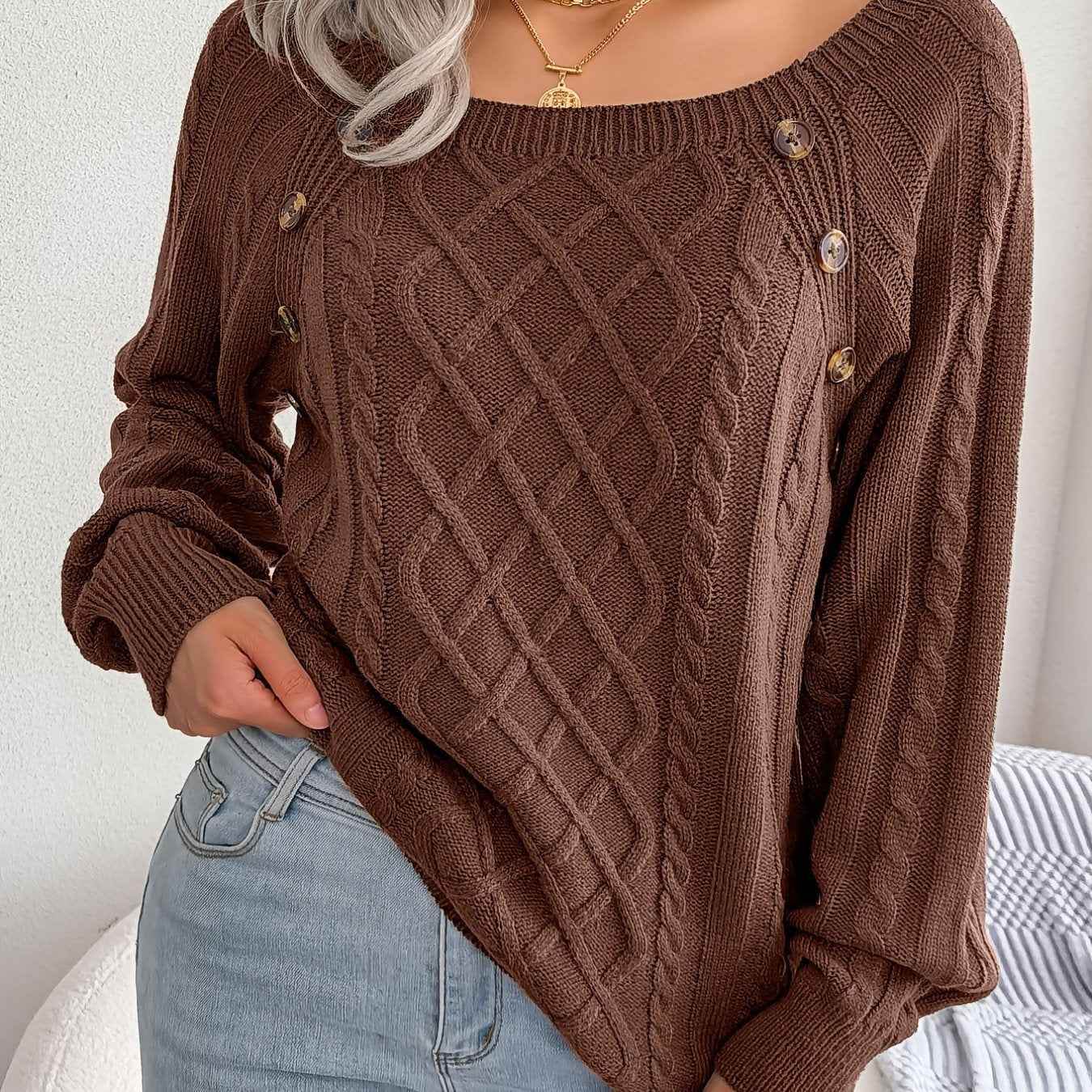 Texture Button Women Round Neck Lantern Sleeve Sweater - Stylish Design - BON's