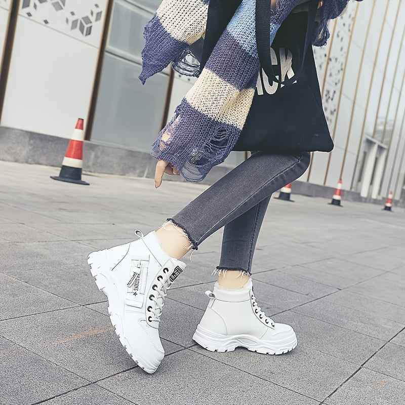 Women’s High-Top Winter Boots - Stylish White Lace-Up with Faux Fur Lining, Waterproof PVC Sole, Casual All-Season Footwear, Casual Winter Boots|Faux Fur Lined Boots|Laceup Boots - BON's