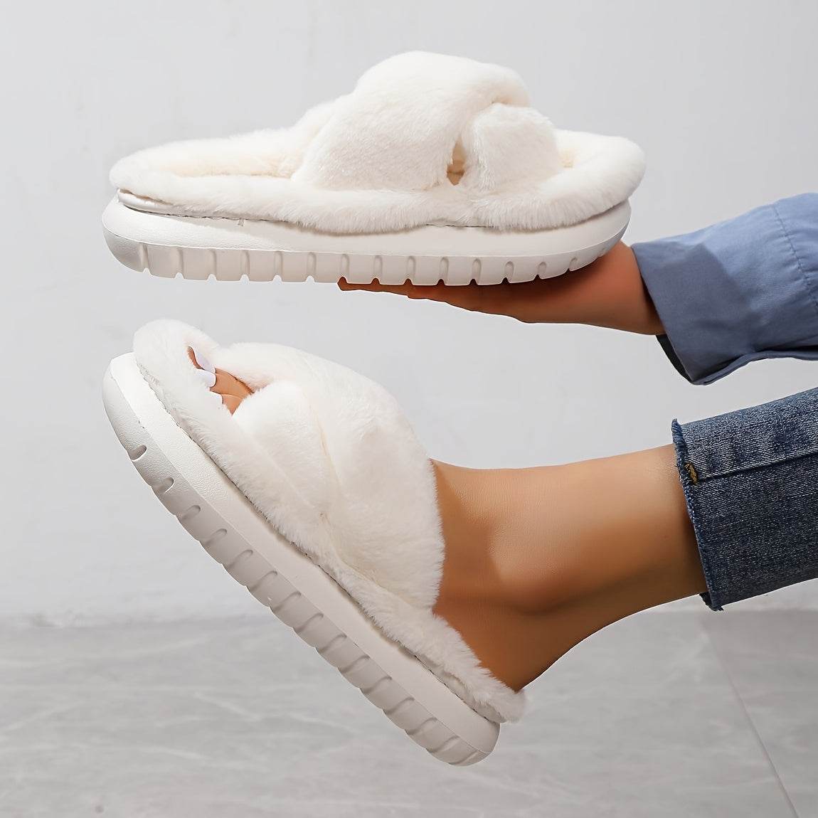 Women's Fuzzy Slippers - Platform Open Toe Criss Cross Casual Home Slides for Ultimate Comfort - BON's