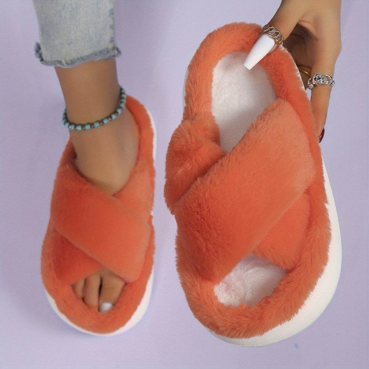Women's Fuzzy Slippers - Platform Open Toe Criss Cross Casual Home Slides for Ultimate Comfort - BON's