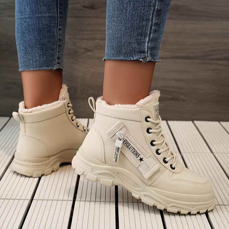 Women’s High-Top Winter Boots - Stylish White Lace-Up with Faux Fur Lining, Waterproof PVC Sole, Casual All-Season Footwear, Casual Winter Boots|Faux Fur Lined Boots|Laceup Boots - BON's