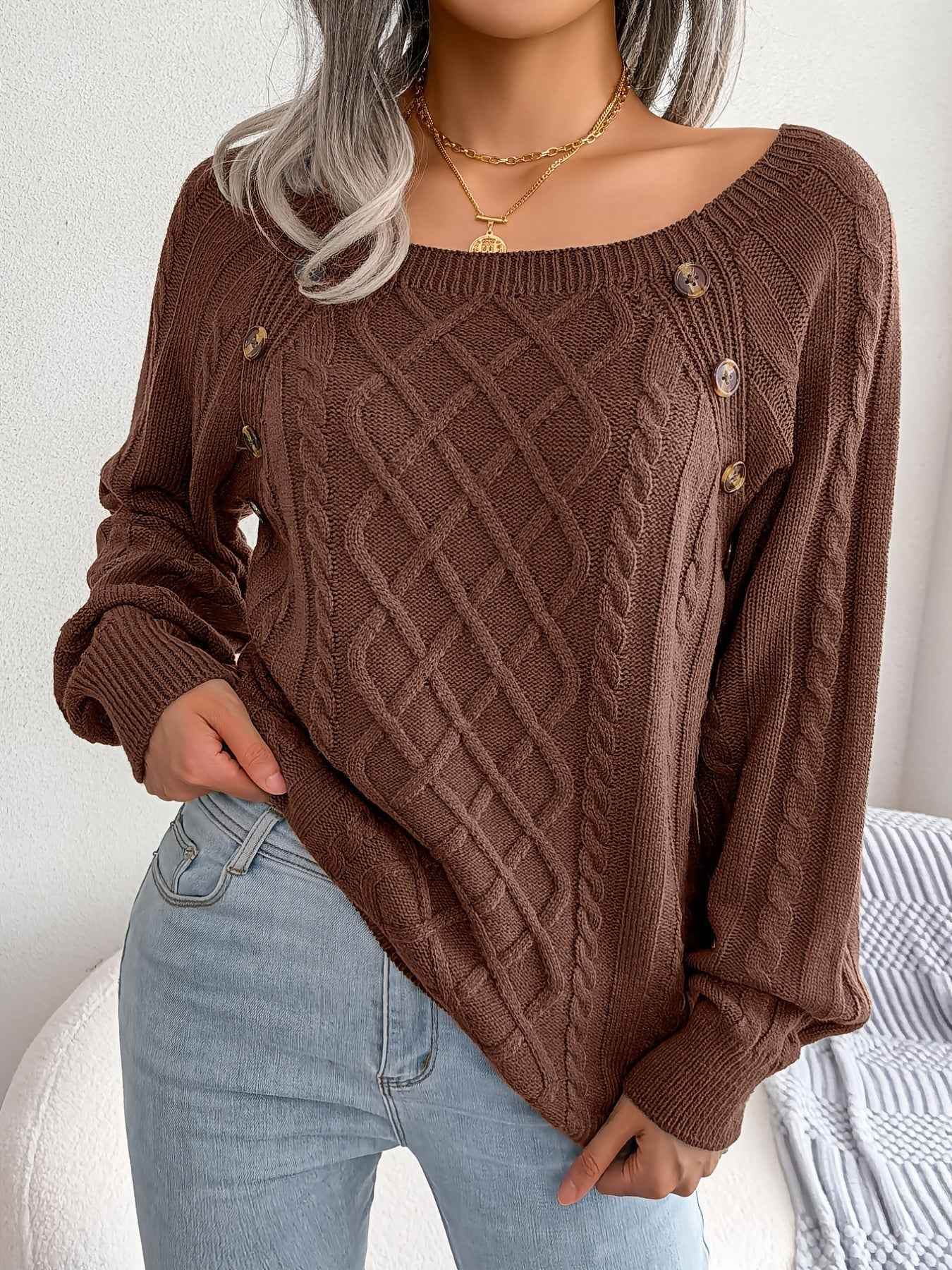 Texture Button Women Round Neck Lantern Sleeve Sweater - Stylish Design - BON's