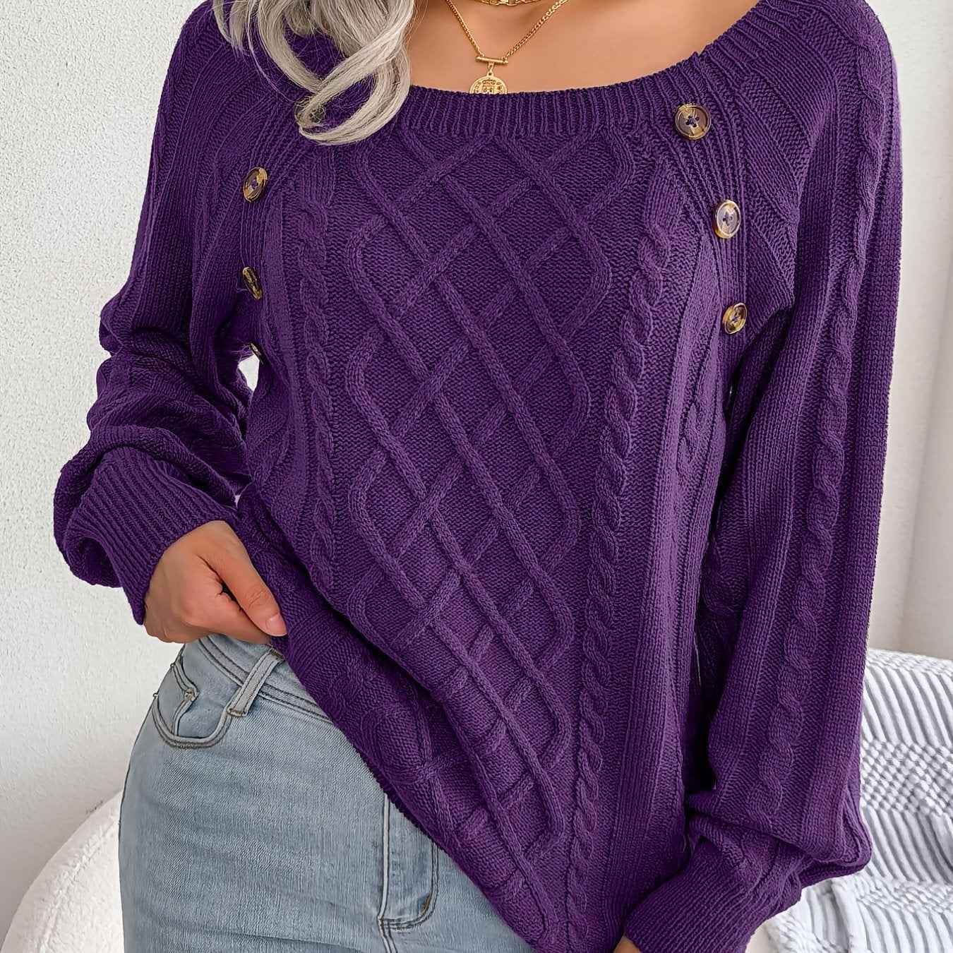 Texture Button Women Round Neck Lantern Sleeve Sweater - Stylish Design - BON's