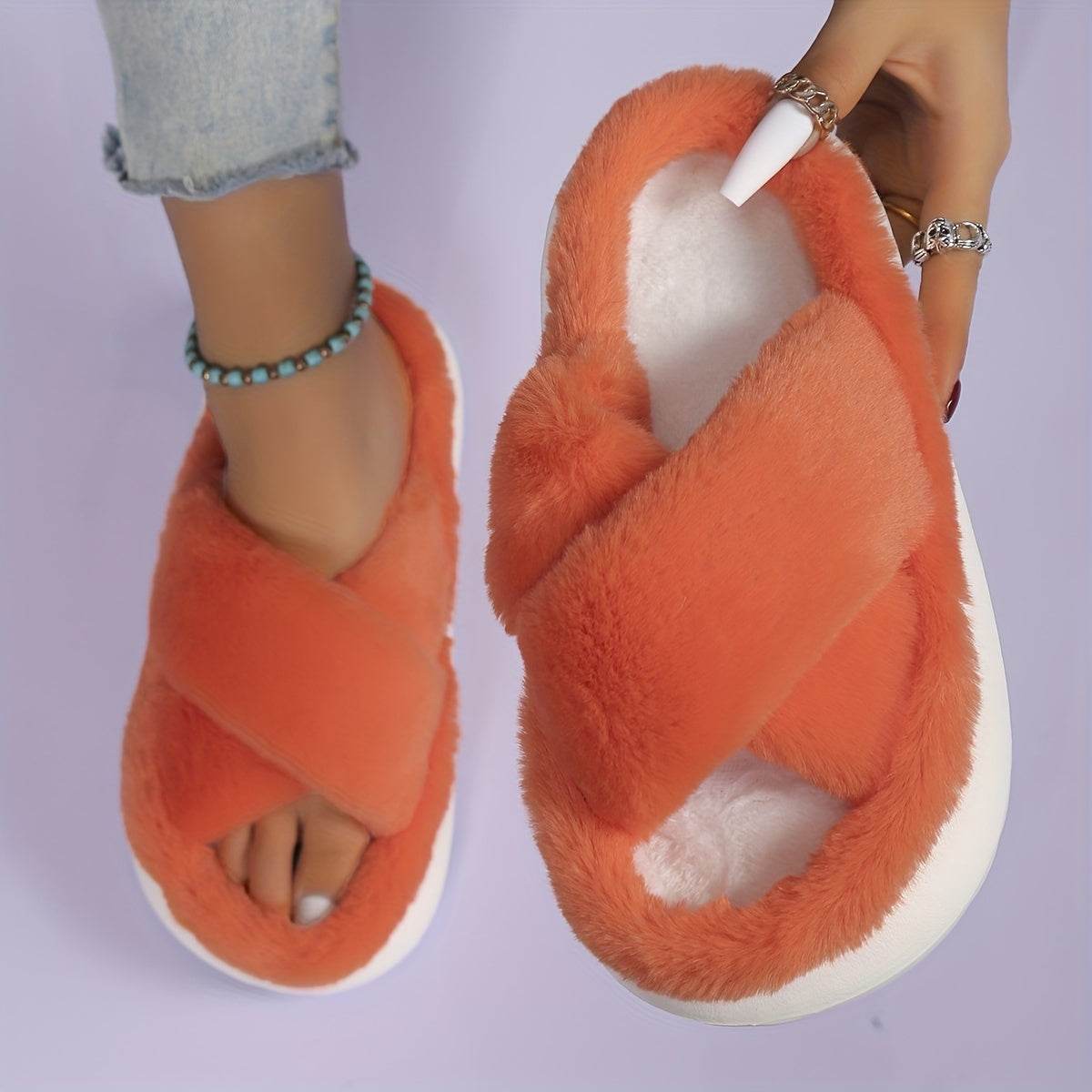 Women's Fuzzy Slippers - Platform Open Toe Criss Cross Casual Home Slides for Ultimate Comfort - BON's