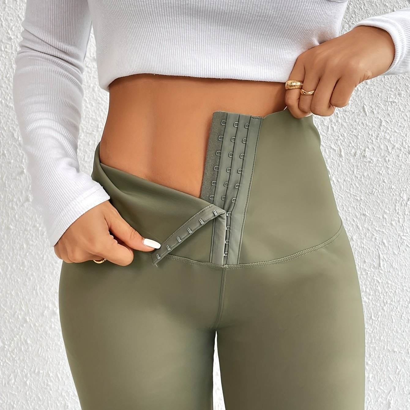 Women’s High-Waist Tummy Control Leggings - Olive Green, Thickened, Stretchy, Button Closure for Butt Lifting & Belly Smoothing, Long Length Skinny Jeans - BON's