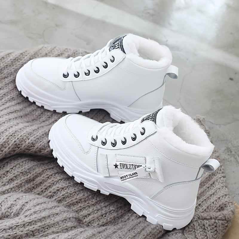 Women’s High-Top Winter Boots - Stylish White Lace-Up with Faux Fur Lining, Waterproof PVC Sole, Casual All-Season Footwear, Casual Winter Boots|Faux Fur Lined Boots|Laceup Boots - BON's