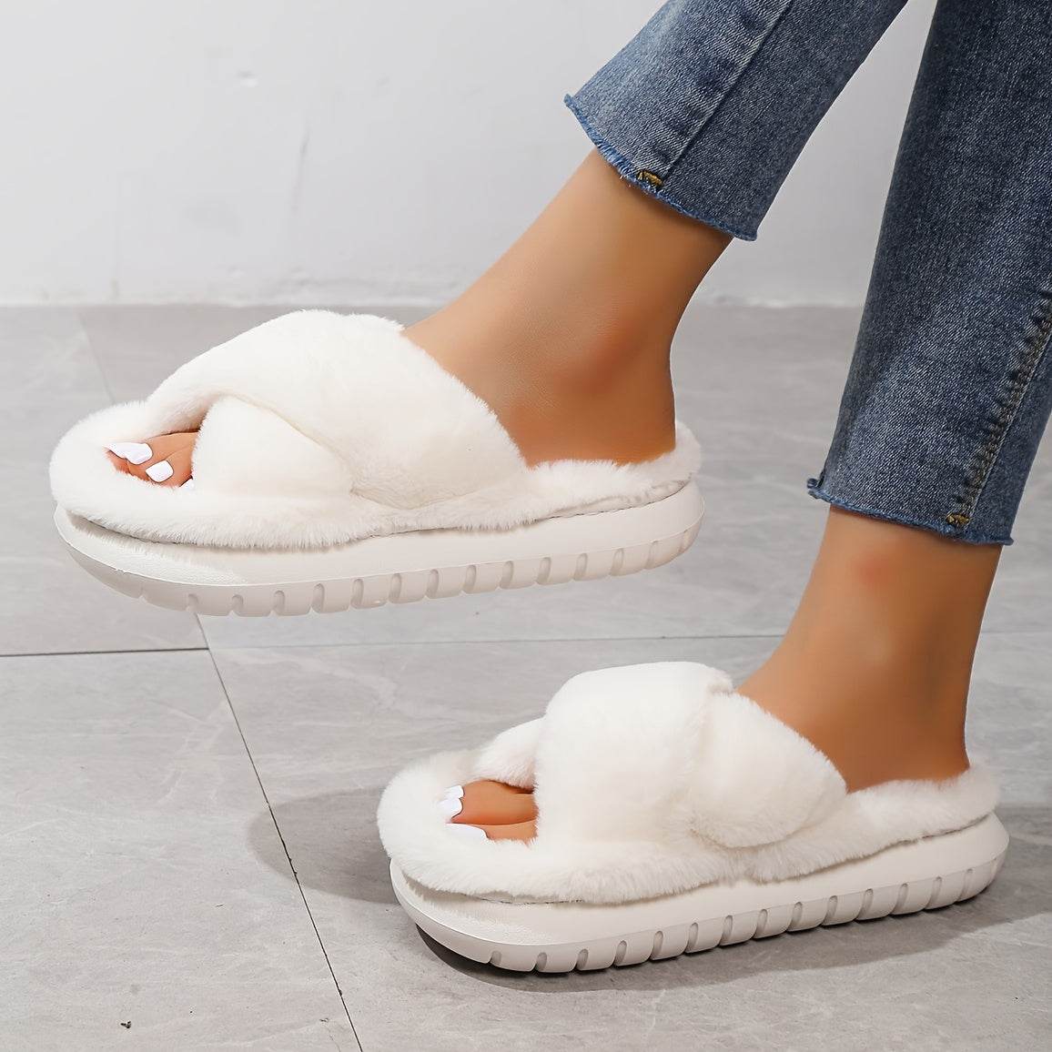 Women's Fuzzy Slippers - Platform Open Toe Criss Cross Casual Home Slides for Ultimate Comfort - BON's
