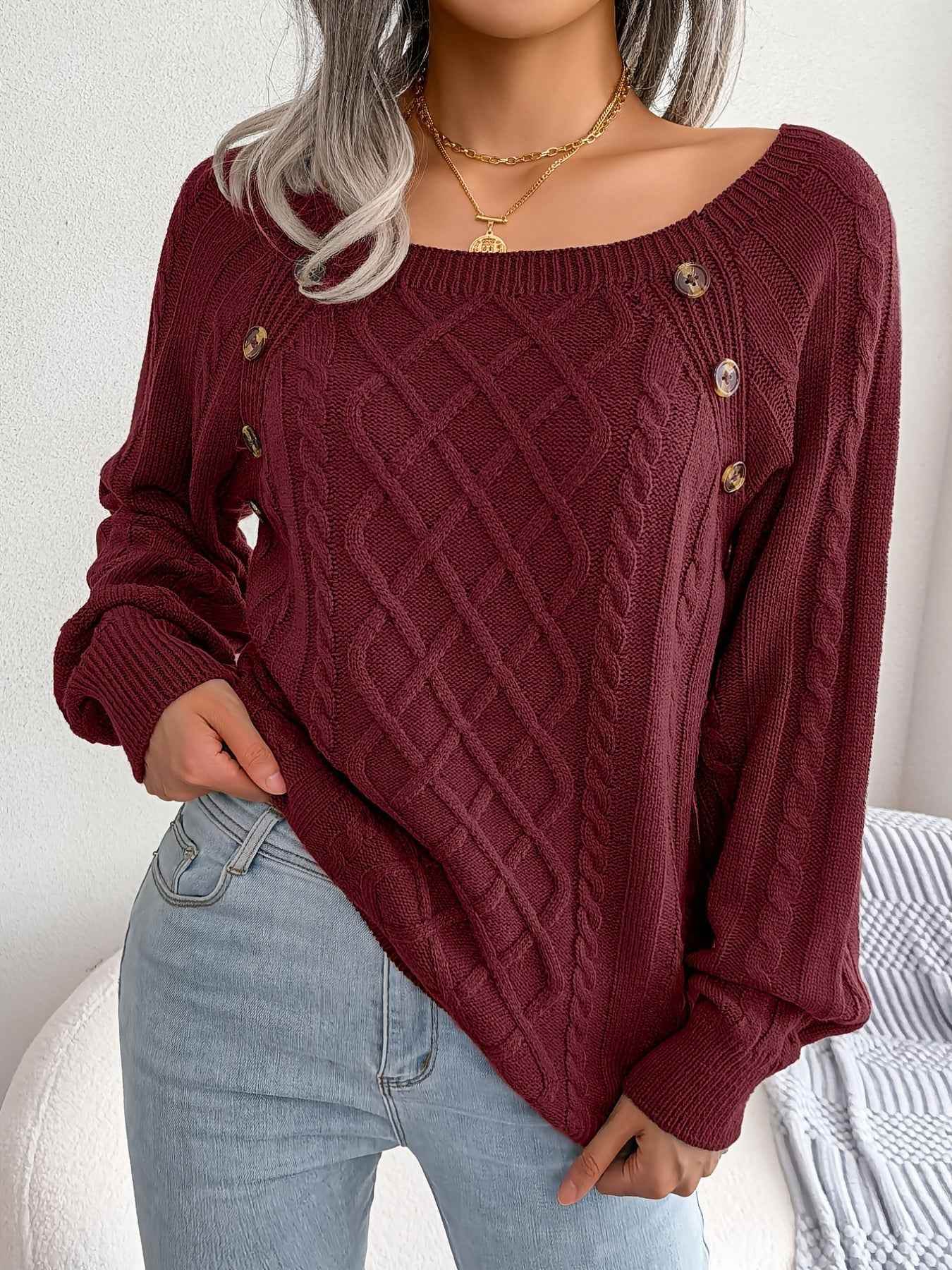 Texture Button Women Round Neck Lantern Sleeve Sweater - Stylish Design - BON's