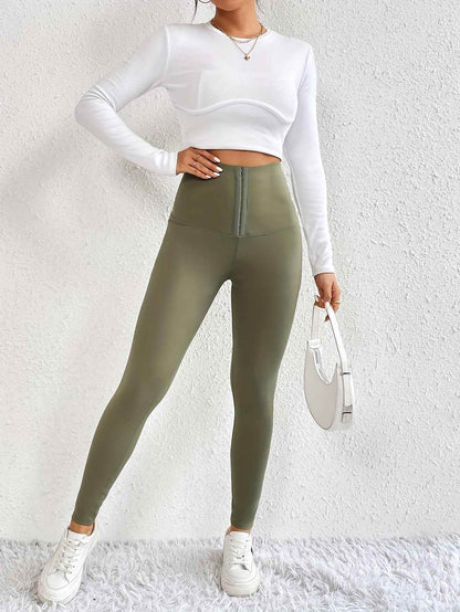 Women’s High-Waist Tummy Control Leggings - Olive Green, Thickened, Stretchy, Button Closure for Butt Lifting & Belly Smoothing, Long Length Skinny Jeans - BON's