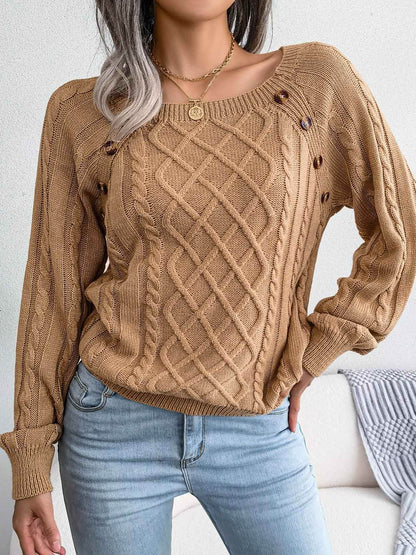 Texture Button Women Round Neck Lantern Sleeve Sweater - Stylish Design - BON's