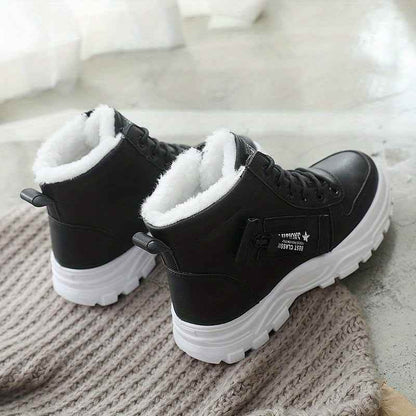 Women’s High-Top Winter Boots - Stylish White Lace-Up with Faux Fur Lining, Waterproof PVC Sole, Casual All-Season Footwear, Casual Winter Boots|Faux Fur Lined Boots|Laceup Boots - BON's