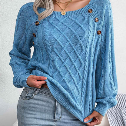 Texture Button Women Round Neck Lantern Sleeve Sweater - Stylish Design - BON's