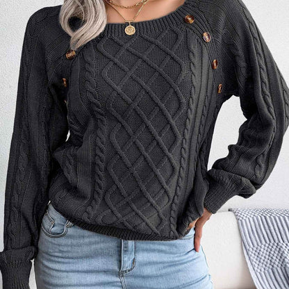 Texture Button Women Round Neck Lantern Sleeve Sweater - Stylish Design - BON's