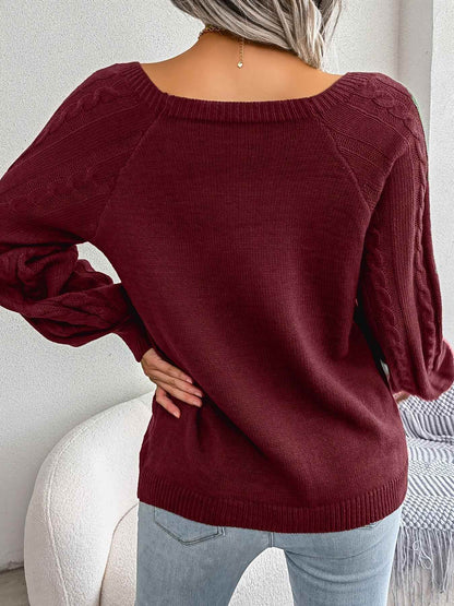 Texture Button Women Round Neck Lantern Sleeve Sweater - Stylish Design - BON's