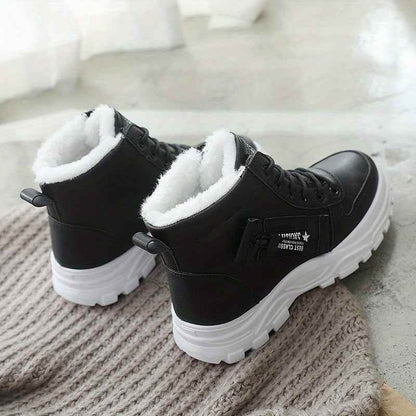 Women’s High-Top Winter Boots - Stylish White Lace-Up with Faux Fur Lining, Waterproof PVC Sole, Casual All-Season Footwear, Casual Winter Boots|Faux Fur Lined Boots|Laceup Boots - BON's