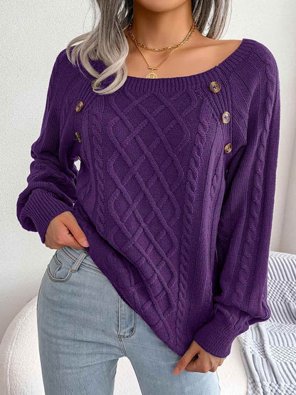 Texture Button Women Round Neck Lantern Sleeve Sweater - Stylish Design - BON's