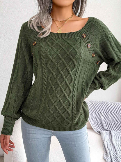 Texture Button Women Round Neck Lantern Sleeve Sweater - Stylish Design - BON's