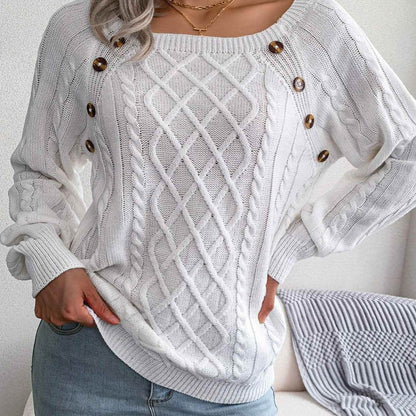 Texture Button Women Round Neck Lantern Sleeve Sweater - Stylish Design - BON's