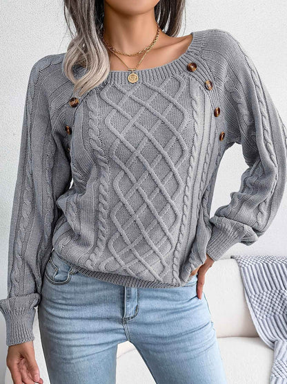 Texture Button Women Round Neck Lantern Sleeve Sweater - Stylish Design - BON's