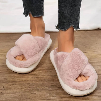 Women's Fuzzy Slippers - Platform Open Toe Criss Cross Casual Home Slides for Ultimate Comfort - BON's