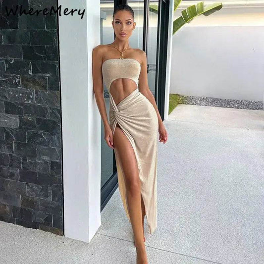 WhereMery Sexy Sleeveless Slit Dress Hollow Out Elegant Skinny Women Long Dresses Summer 2024 Fashion Ladies Party Club Vestidos - BON's