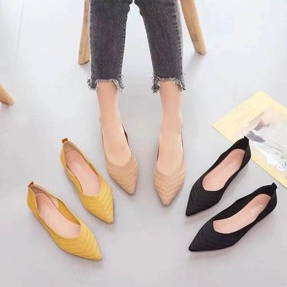 Women Pointed Toe Flat Shoes 2025 New Solid Color Knitted Slip on Shoes Casual Breathable Ballet Flats Women Flat Loafers Shoes - BON's