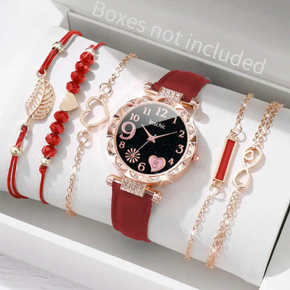 6PCS Women's Fashion Watch Set – Roma Heart Dial Leather Band Quartz Watches with Leaf Bracelets - BON's