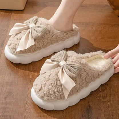 Winter Fur Slippers for Women with Cute Bow - Non-Slip Soft Plush Comfort Flat Heel Indoor Shoes - BON's